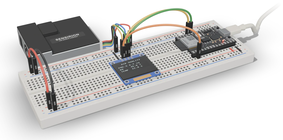 The air-quality station built on a breadboard: an ESP32-C3-DevKitM-1 on USB, a Sensirion SEN55 on its cable, and an OLED showing PM2.5, humidity and temperature, joined by jumper wires.