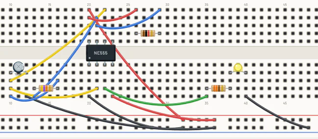 The 555 LED flasher circuit, as the workbench draws it.
