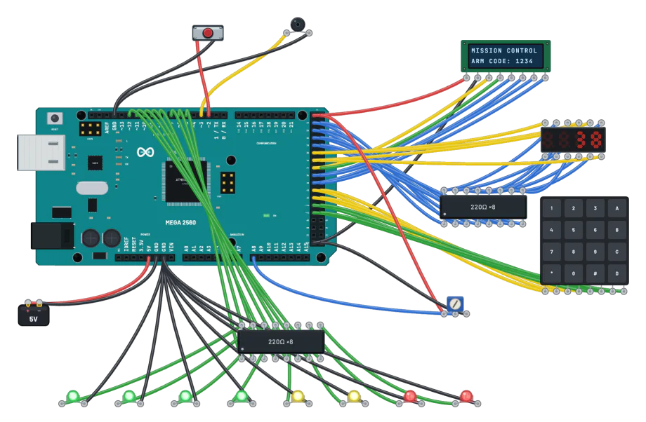 An Arduino Mega 2560 wired to an LCD, a four-digit display, a keypad and a bank of LEDs.