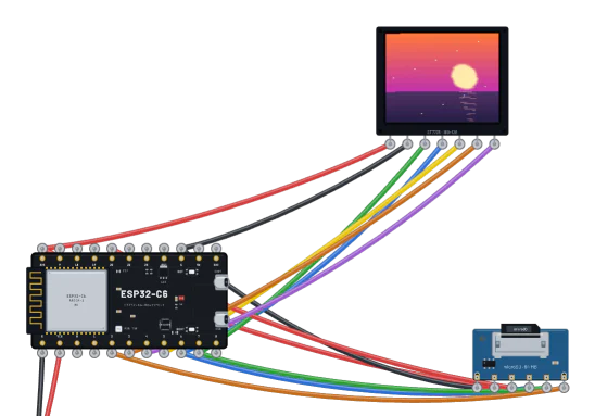 An ESP32-C6 wired to a microSD card and a TFT showing a sunset photo.